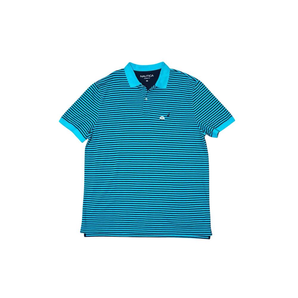 Nautica Classic Fit Striped Polo Shirt 2XL Blue Cotton Short Sleeves Golf Preppy